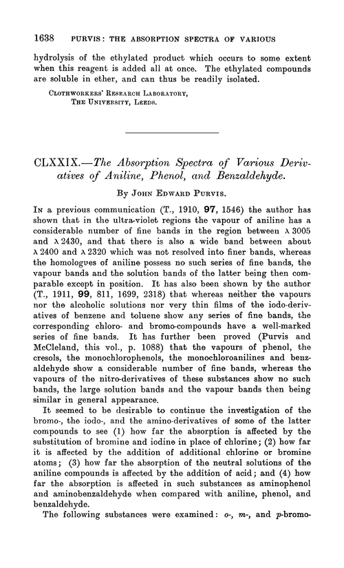CLXXIX.—The absorption spectra of various derivatives of aniline, phenol, and benzaldehyde