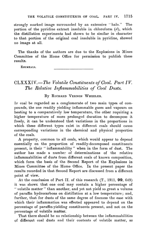 CLXXXIV.—The volatile constituents of coal. Part IV. The relative inflammabilities of coal dusts