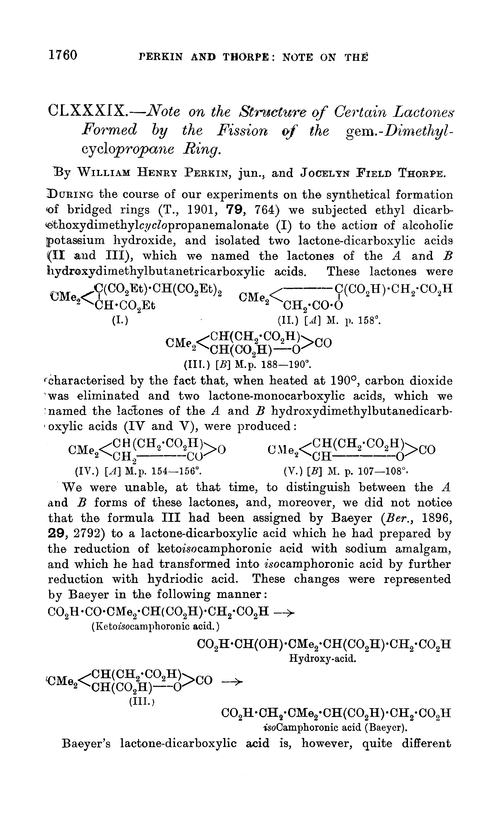 CLXXXIX.—Note on the structure of certain lactones formed by the fission of the gem.-dimethylcyclopropane ring