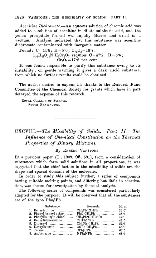 CXCVIII.—The miscibility of solids. Part II. The influence of chemical constitution on the thermal properties of binary mixtures