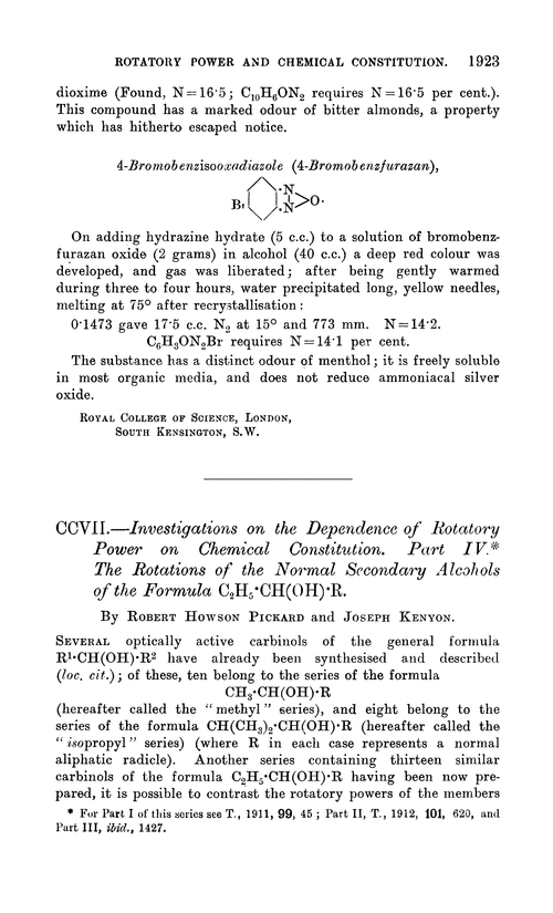 CCVII.—Investigations on the dependence of rotatory power on chemical constitution. Part IV. The rotations of the normal secondary alcohols of the formula C2H5·CH(OH)·R