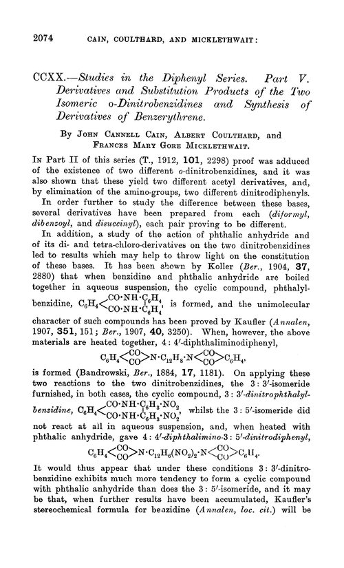 CCXX.—Studies in the diphenyl series. Part V. Derivatives and substitution products of the two isomeric o-dinitrobenzidines and synthesis of derivatives of benzerythrene