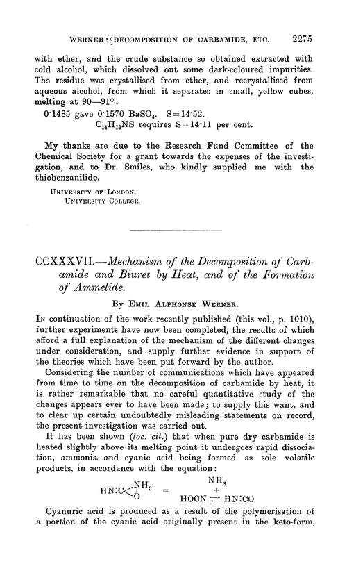 CCXXXVII.—Mechanism of the decomposition of carbamide and biuret by heat, and of the formation of ammelide