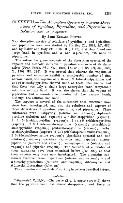 CCXXXVIII.—The absorption spectra of various derivatives of pyridine, piperidine, and piperazine in solution and as vapours