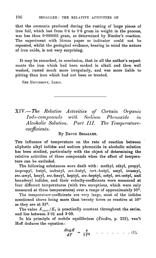 XIV.—The relative activities of certain organic iodo-compounds with sodium phenoxide in alcoholic solution. Part III. The temperature-coefficients