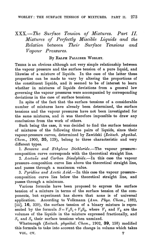 XXX.—The surface tension of mixtures. Part II. Mixtures of perfectly miscible liquids and the relation between their surface tensions and vapour pressures