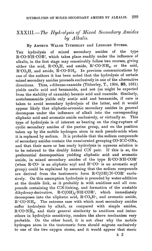 XXXIII.—The hydrolysis of mixed secondary amides by alkalis