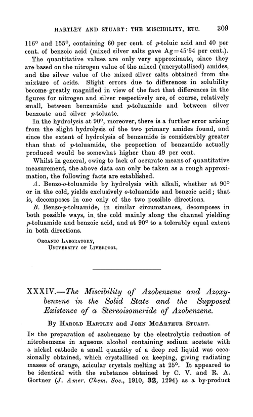 XXXIV.—The miscibility of azobenzene and azoxybenzene in the solid state and the supposed existence of a stereoisomeride of azobenzene