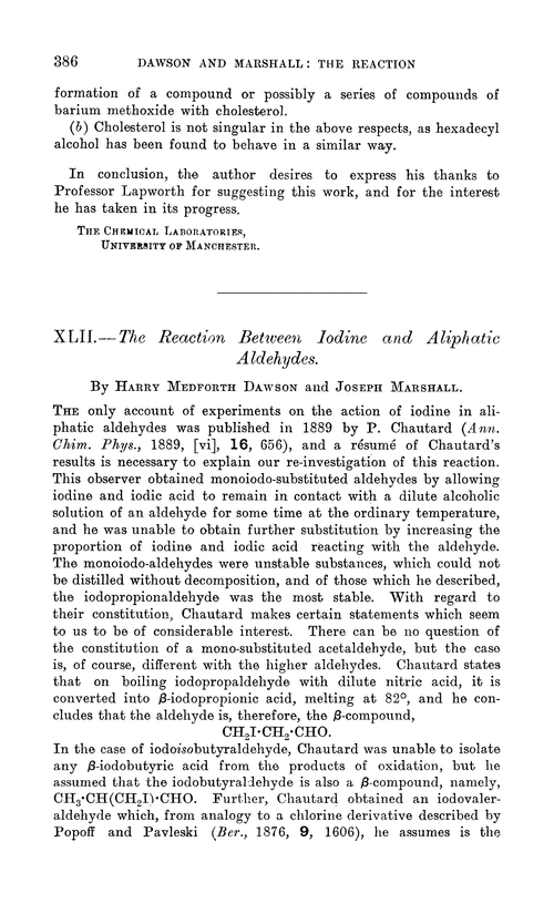 XLII.—The reaction between iodine and aliphatic aldehydes