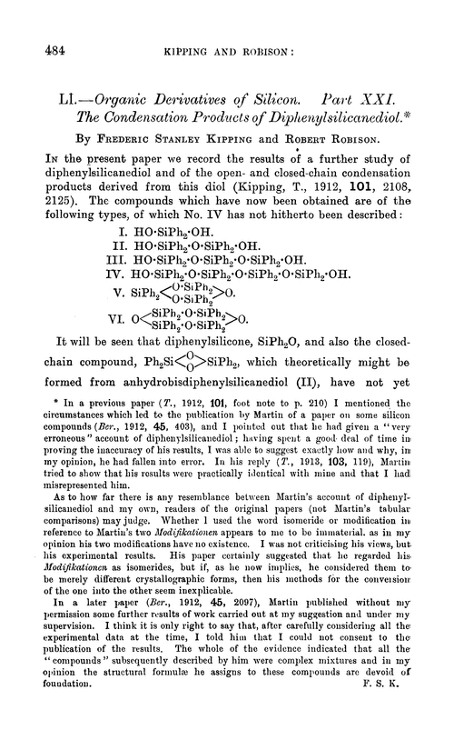 LI.—Organic derivatives of silicon. Part XXI. The condensation products of diphenylsilicanediol