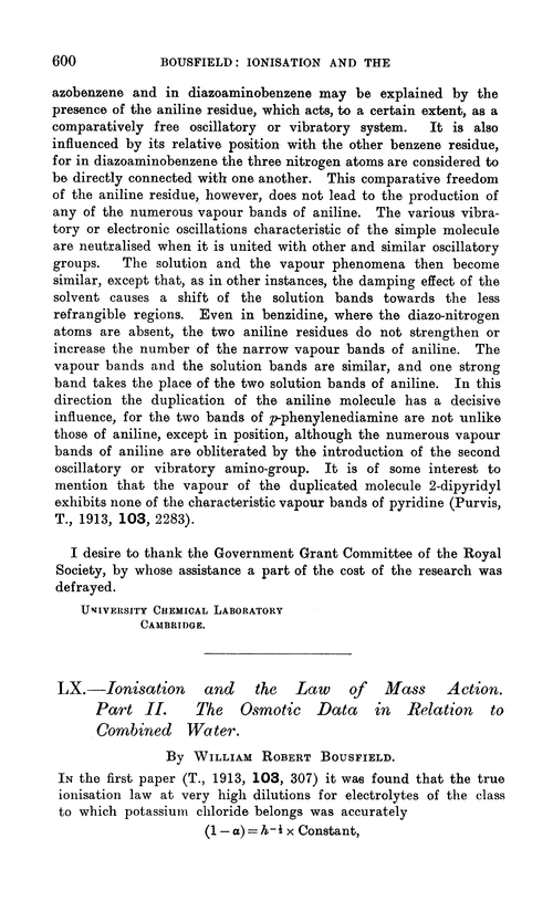 LX.—Ionisation and the law of mass action. Part II. The osmotic data in relation to combined water