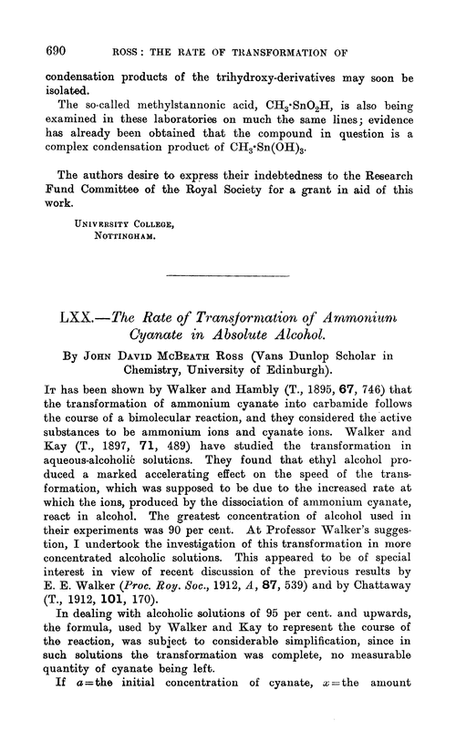 LXX.—The rate of transformation of ammonium cyanate in absolute alcohol