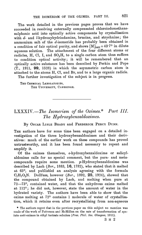 LXXXIV.—The isomerism of the oximes. Part III. The hydroxybenzaldoximes