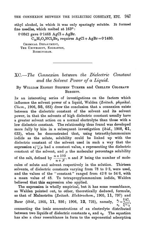 XC.—The connexion between the dielectric constant and the solvent power of a liquid