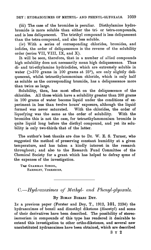 C.—Hydrazoximes of methyl- and phenyl-glyoxals