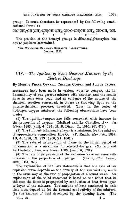 CIV.—The ignition of some gaseous mixtures by the electric discharge