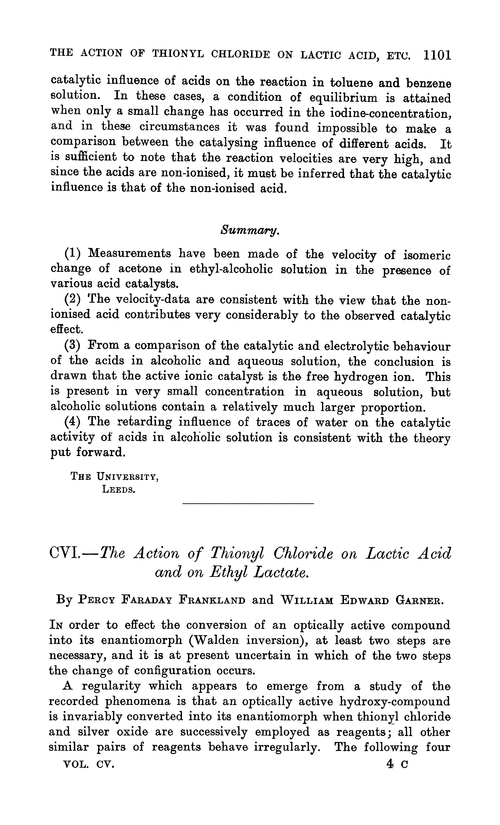 CVI.—The action of thionyl chloride on lactic acid and on ethyl lactate