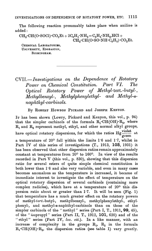 CVII.—Investigations on the dependence of rotatory power on chemical constitution. Part VI. The optical rotatory power of methyl-tert.-butyl-, methylbenzyl-, methylphenylethyl- and methyl-α-naphthyl-carbinols