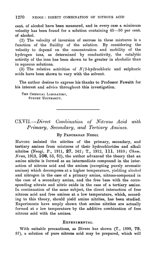 CXVII.—Direct combination of nitrous acid with primary, secondary, and tertiary amines