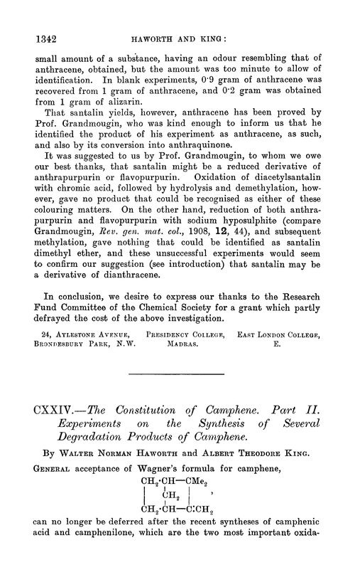 CXXIV.—The constitution of camphene. Part II. Experiments on the synthesis of several degradation products of camphene