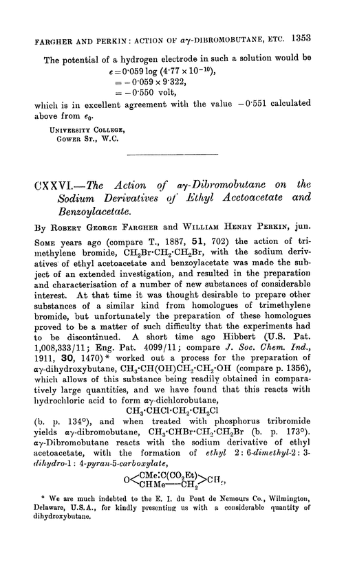 CXXVI.—The action of αγ-dibromobutane on the sodium derivatives of ethyl acetoacetate and benzoylacetate