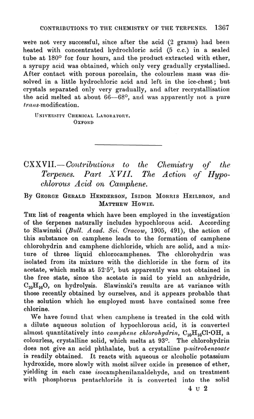 CXXVII.—Contributions to the chemistry of the terpenes. Part XVII. The action of hypochlorous acid on camphene