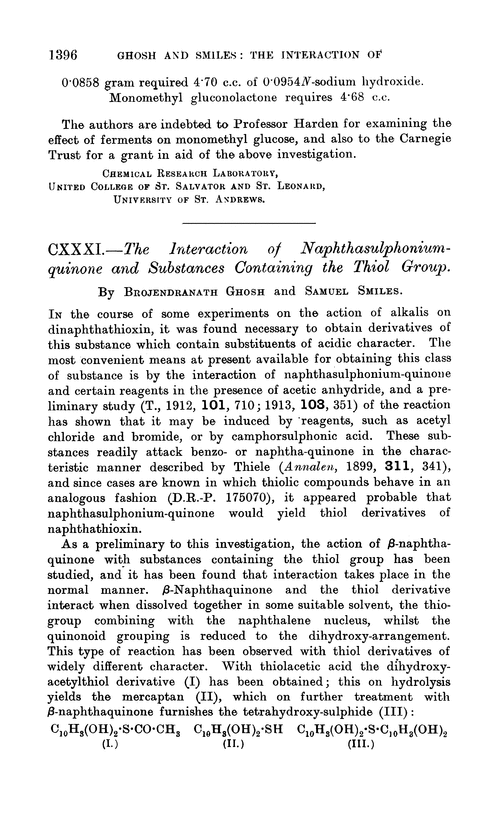 CXXXI.—The interaction of naphthasulphonium-quinone and substances containing the thiol group