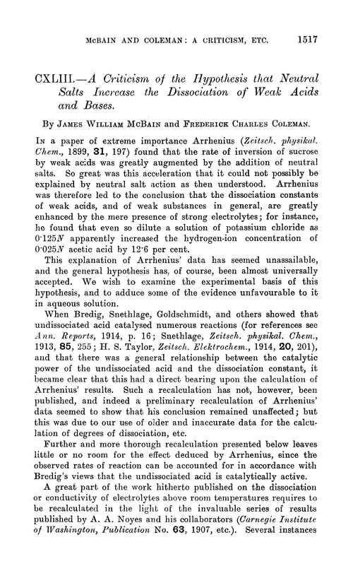 CXLIII.—A criticism of the hypothesis that neutral salts increase the dissociation of weak acids and bases
