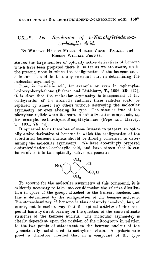 CXLV.—The resolution of 5-nitrohydrindene-2-carboxylic acid