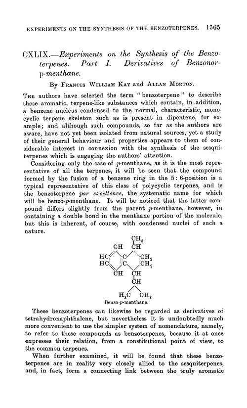 CXLIX.—Experiments on the synthesis of the benzoterpenes. Part I. Derivatives of benzonor-p-menthane