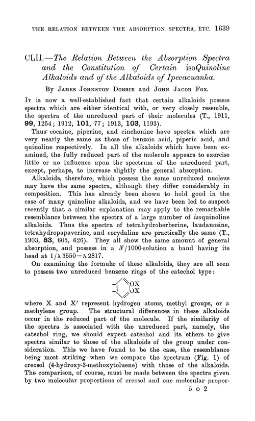 CLII.—The relation between the absorption spectra and the constitution of certain isoquinoline alkaloids and of the alkaloids of ipecacuanha
