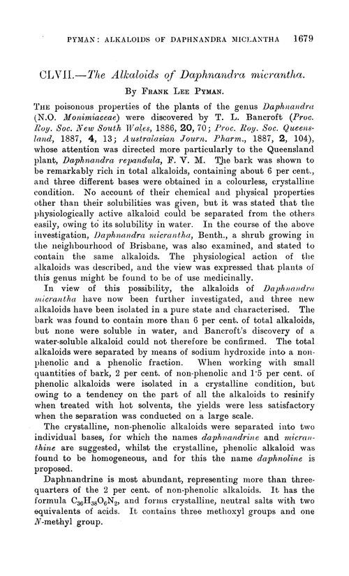 CLVII.—The alkaloids of daphnandra micrantha