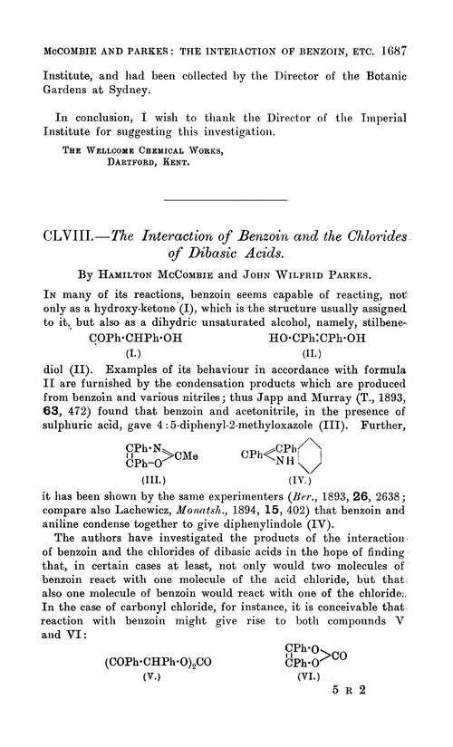 CLVIII.—The interaction of benzoin and the chlorides of dibasic acids