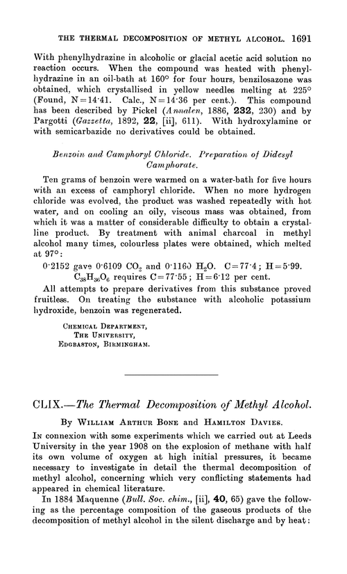 CLIX.—The thermal decomposition of methyl alcohol