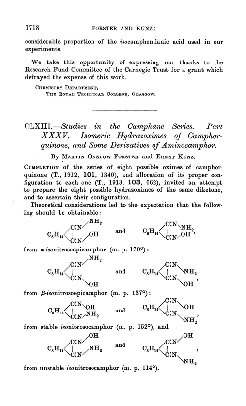 CLXIII.—Studies in the camphane series. Part XXXV. Isomeric hydrazoximes of camphorquinone, and some derivatives of aminocamphor