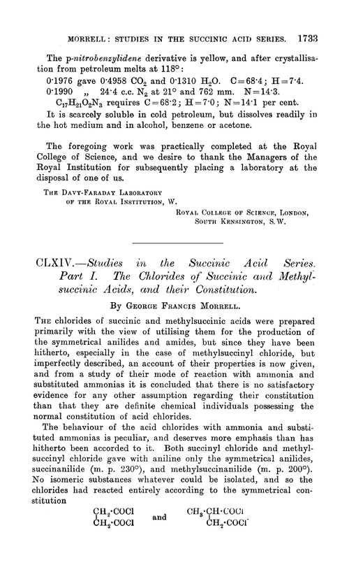 CLXIV.—Studies in the succinic acid series. Part I. The chlorides of succinic and methylsuccinic acids, and their constitution