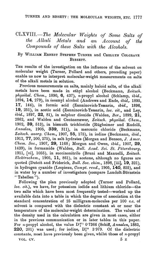 CLXVIII.—The molecular weights of some salts of the alkali metals and an account of the compounds of these salts with the alcohols