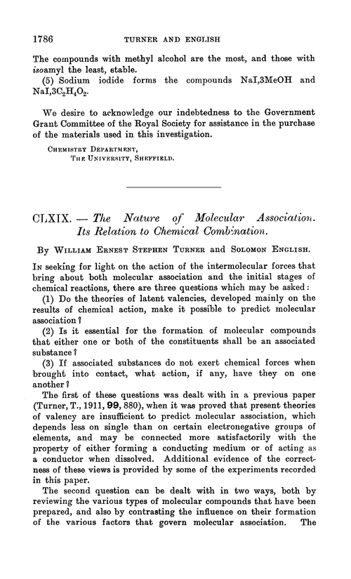 CLXIX.—The nature of molecular association. Its relation to chemical combination