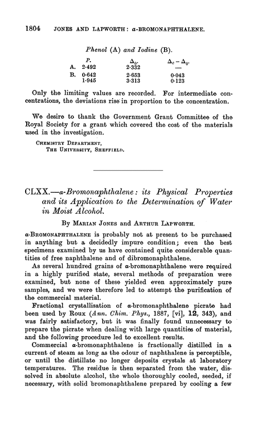 CLXX.—α-Bromonaphthalene : its physical properties and its application to the determination of water in moist alcohol