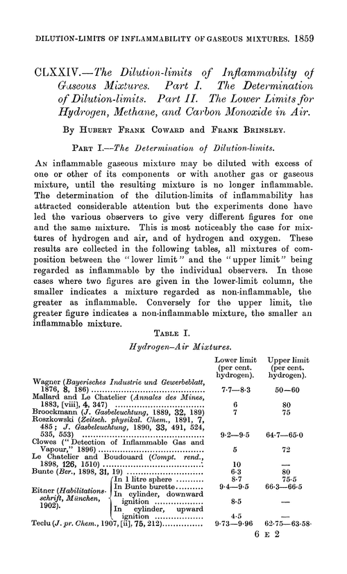 CLXXIV.—The dilution-limits of inflammability of gaseous mixtures. Part I. The determination of dilution-limits. Part II. The lower limits for hydrogen, methane, and carbon monoxide in air