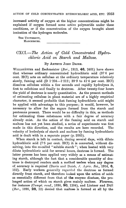 CXCI.—The action of cold concentrated hydrochloric acid on starch and maltose
