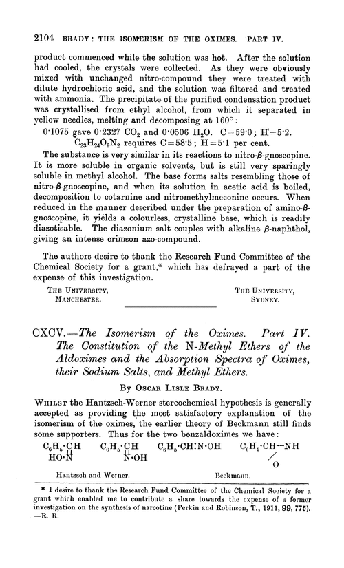 CXCV.—The isomerism of the oximes. Part IV. The constitution of the N-methyl ethers of the aldoximes and the absorption spectra of oximes, their sodium salts, and methyl ethers