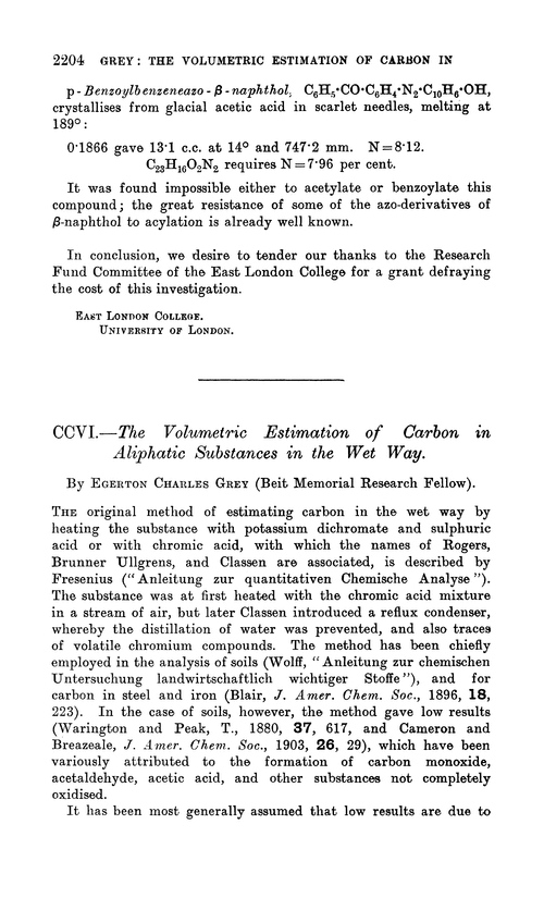 CCVI.—The volumetric estimation of carbon in aliphatic substances in the wet way