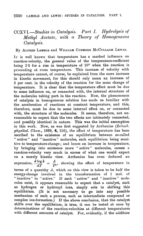 CCXVI.—Studies in catalysis. Part I. Hydrolysis of methyl acetate, with a theory of homogeneous catalysis