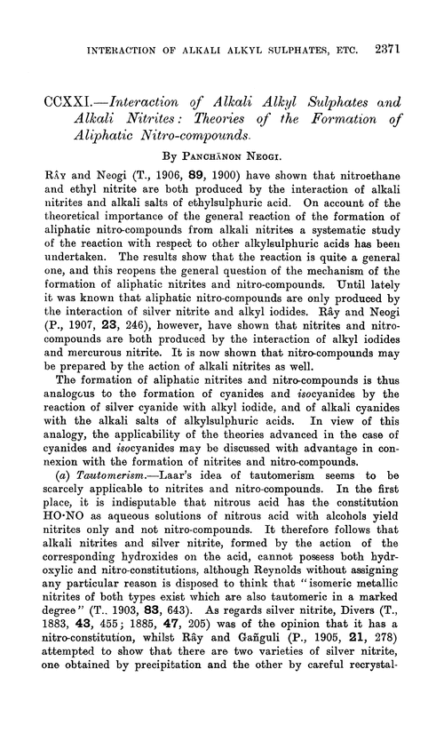CCXXI.—Interaction of alkali alkyl sulphates and alkali nitrites: theories of the formation of aliphatic nitro–compounds
