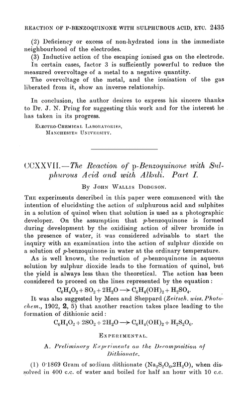 CCXXVII.—The reaction of p-benzoquinone with sulphurous acid and with alkali. Part I