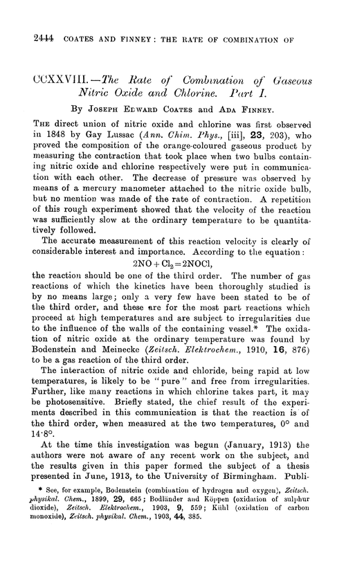 CCXXVIII.—The rate of combination of gaseous nitric oxide and chlorine. Part I