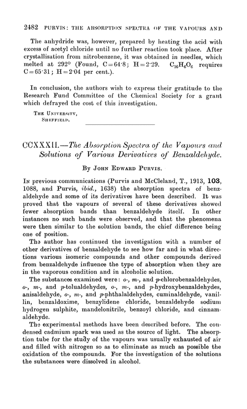 CCXXXII.—The absorption spectra of the vapours and solutions of various derivatives of benzaldehyde