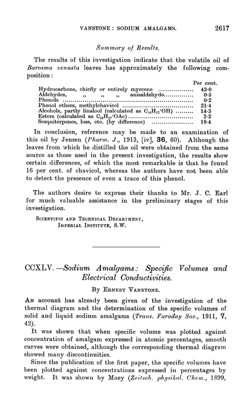 CCXLV.—Sodium amalgams: specific volumes and electrical conductivities
