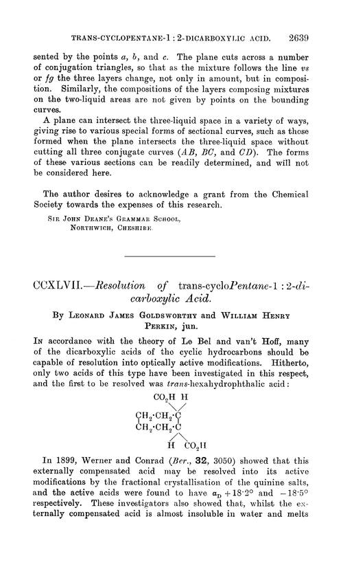 CCXLVII.—Resolution of trans-cyclopentane-1 : 2-dicarboxylic acid